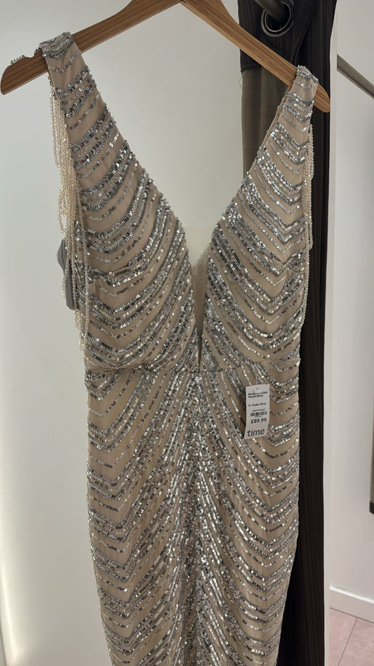 Beaded Shoulder Sequin Gown