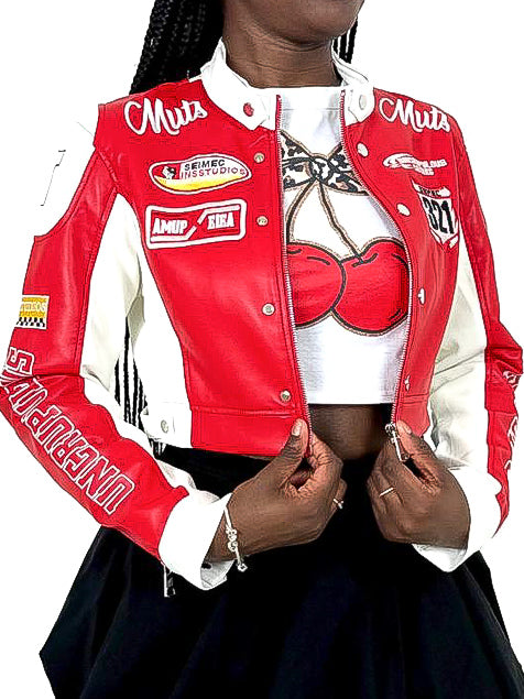 Cropped PU Racer Jacket