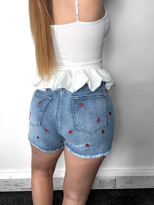 Strawberry Embroidered Denim Shorts