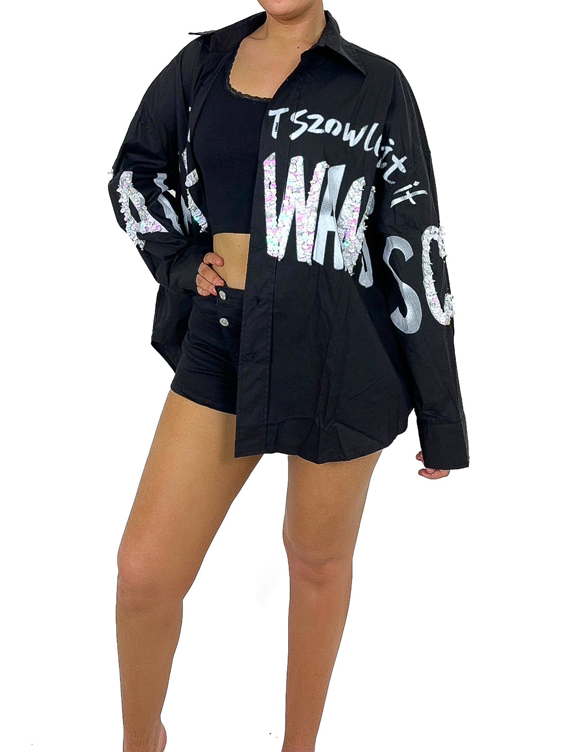 Graffiti Sequin Embellished Oversized Shirt