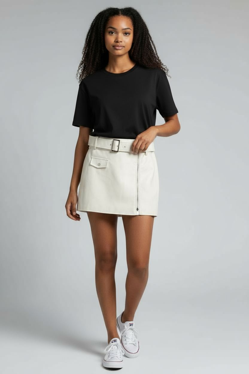 Zip Front Belted PU Mini Skirt
