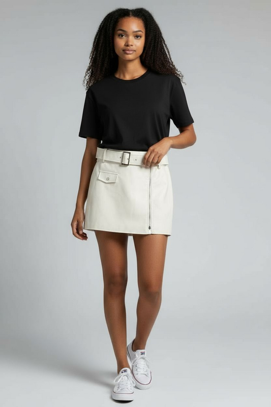Zip Front Belted PU Mini Skirt