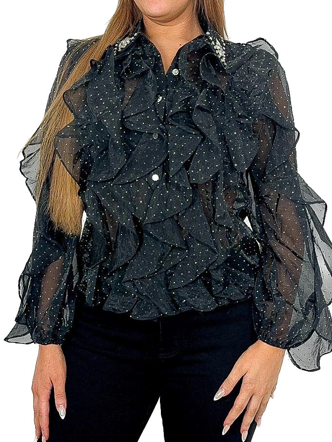 Sheer Studded Blouse With Diamante Collar