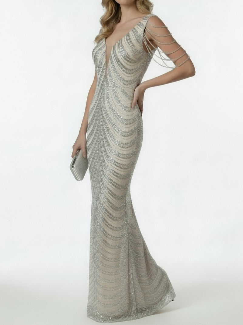 Beaded Shoulder Sequin Gown