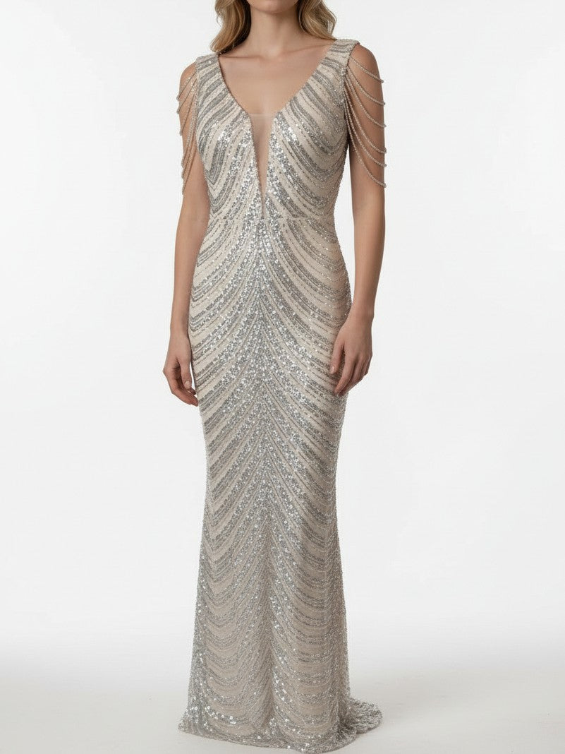 Beaded Shoulder Sequin Gown