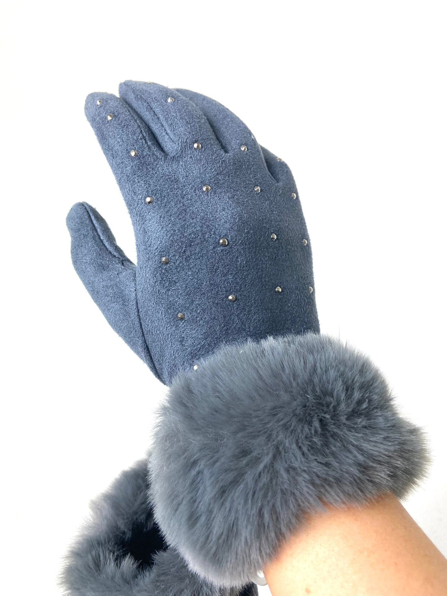 Diamante Faux Fur Trim Gloves