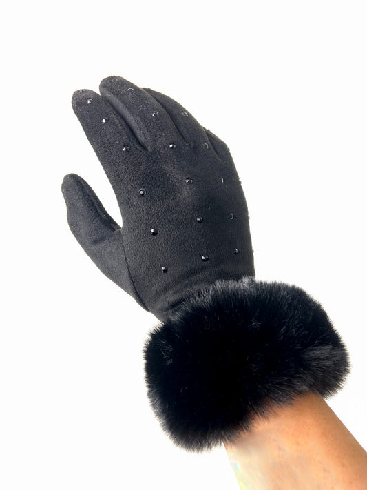 Diamante Faux Fur Trim Gloves