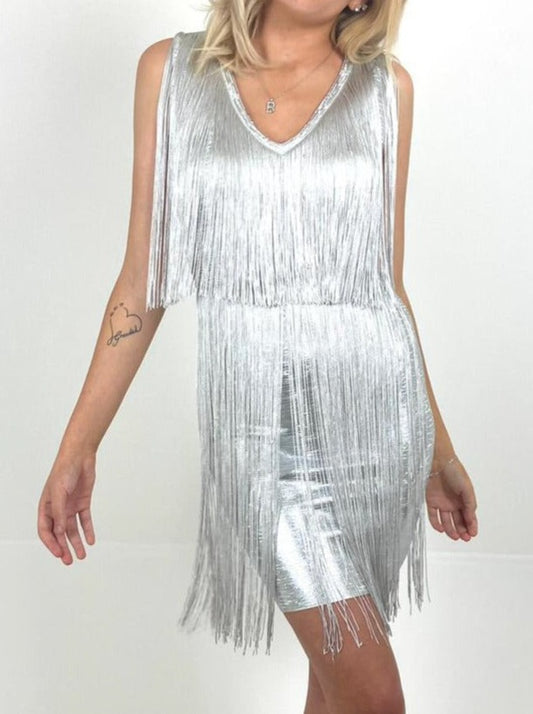 Fringe Detail Metallic Bandage Dress