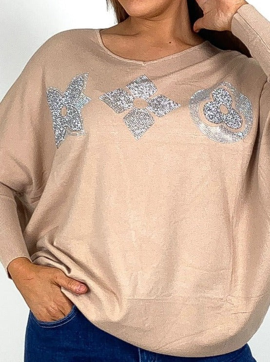 Flower & Diamonds Diamante Batwing Jumper