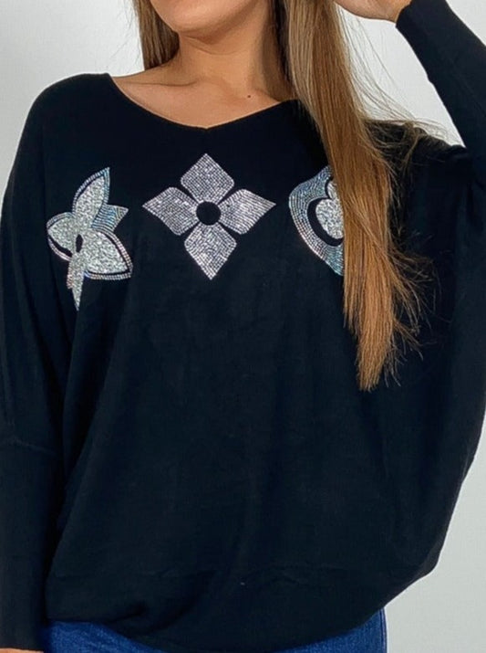 Flower & Diamonds Diamante Batwing Jumper