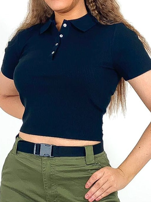 Ribbed V Neck Polo Tee