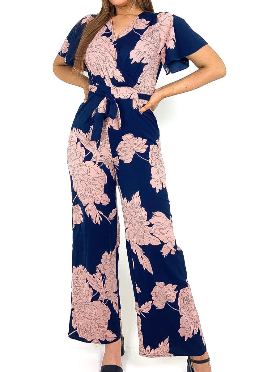 Floral Angel Sleeve Wide Leg Jumpsuit