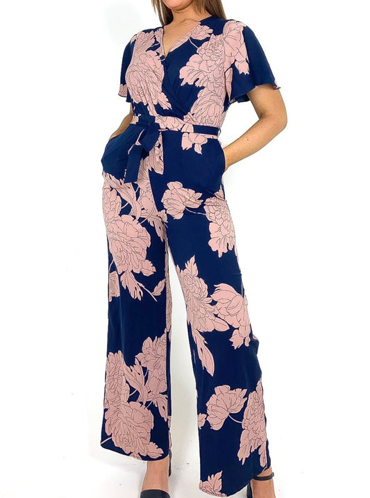 Floral Angel Sleeve Wide Leg Jumpsuit